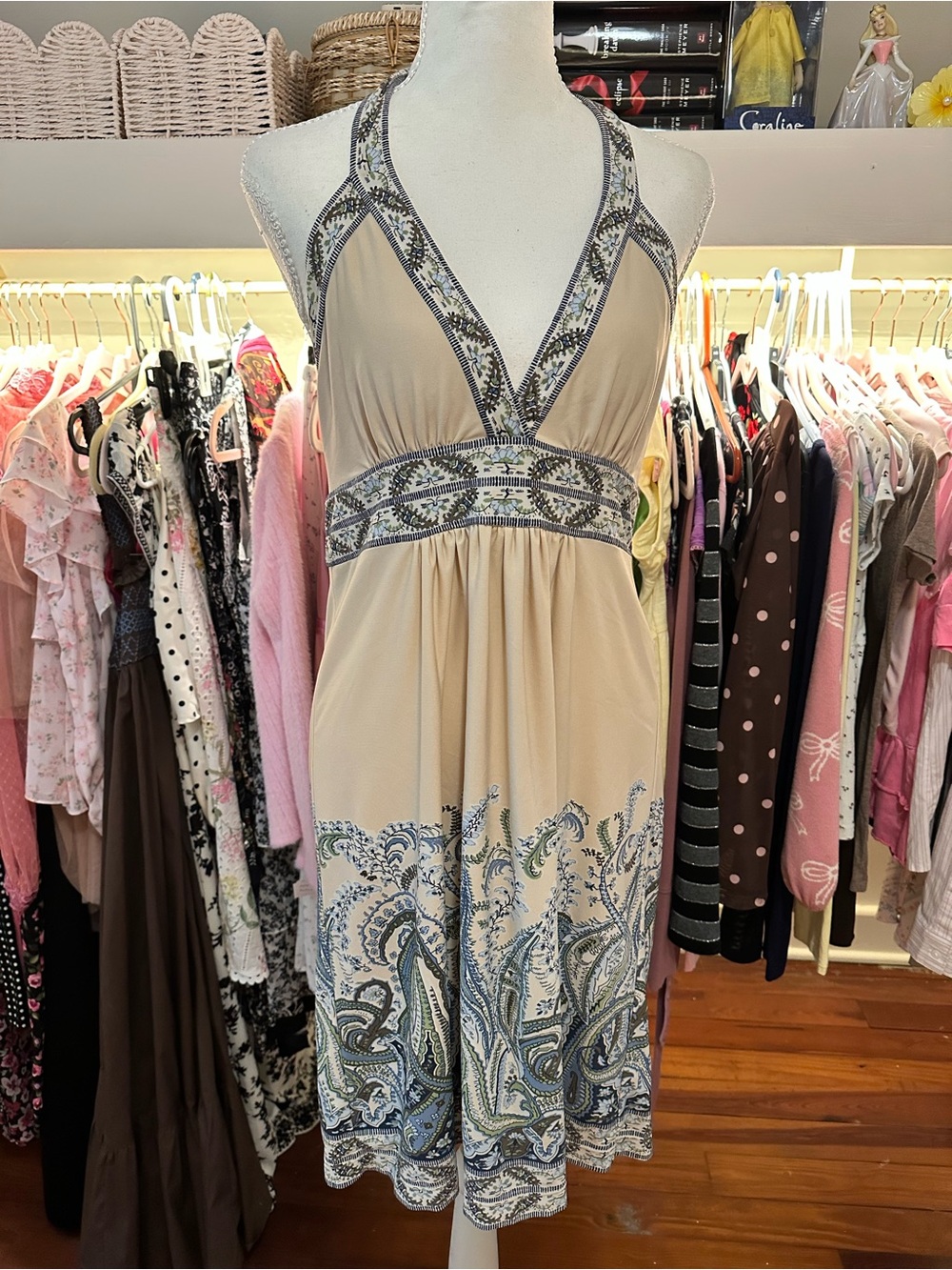 BCBGMaxAzria Beige Halter Midi Dress with Blue Paisley Embroidery